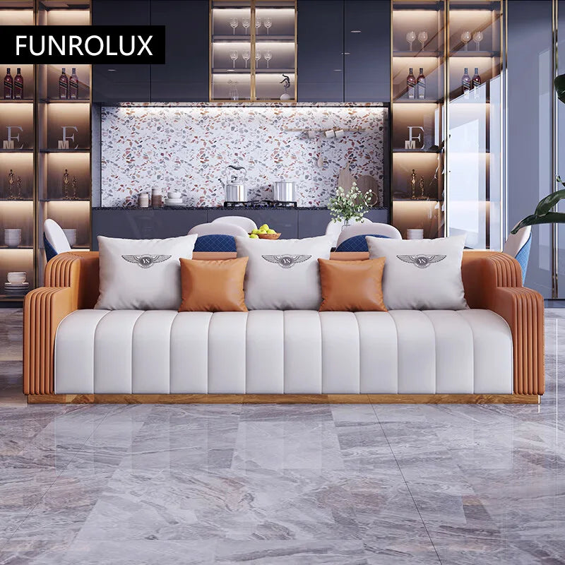 Bonney Aureum Leather Corner Sofa — Light Luxury L-Shaped Modern Sofa for 3–4 People, Genuine Leather Minimalist Design for High-End Living Rooms