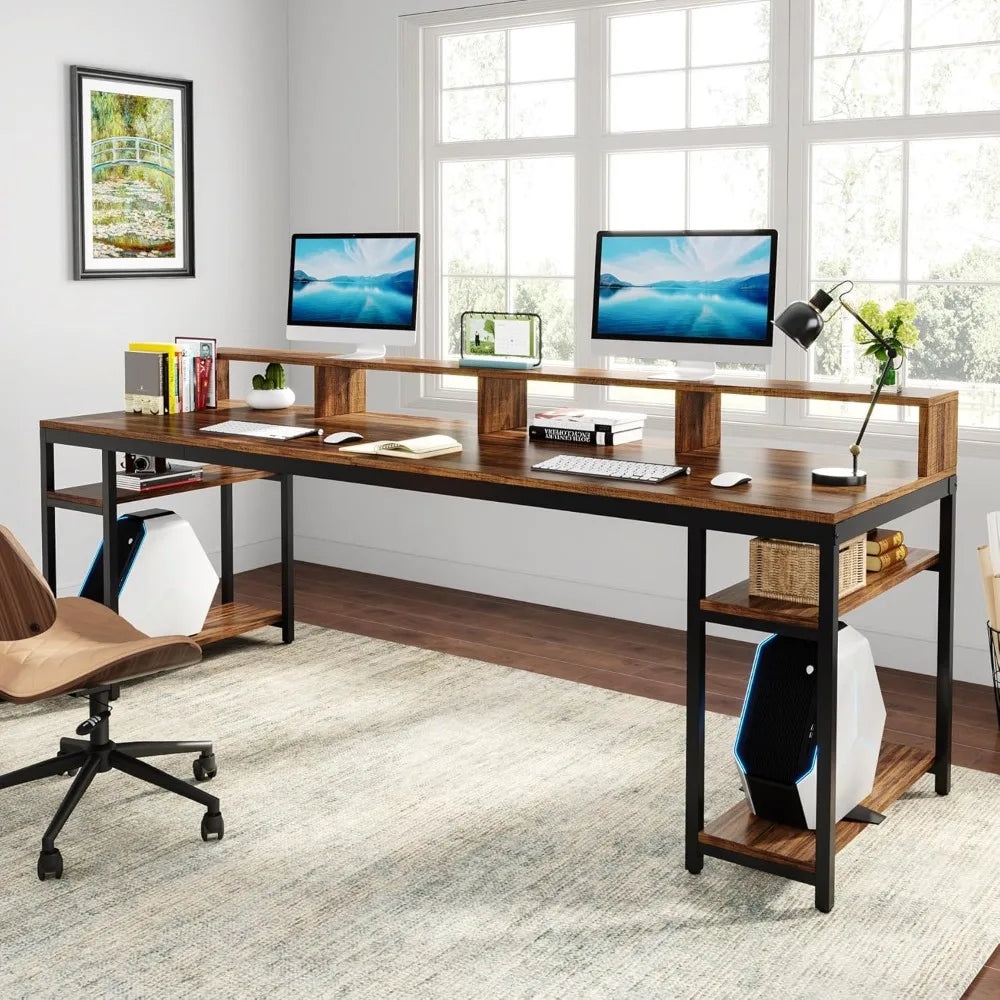 The Align Studio // Dual Monitor Luxe Workstation – 2-Person Industrial Desk with Shelves & Elevated Flow