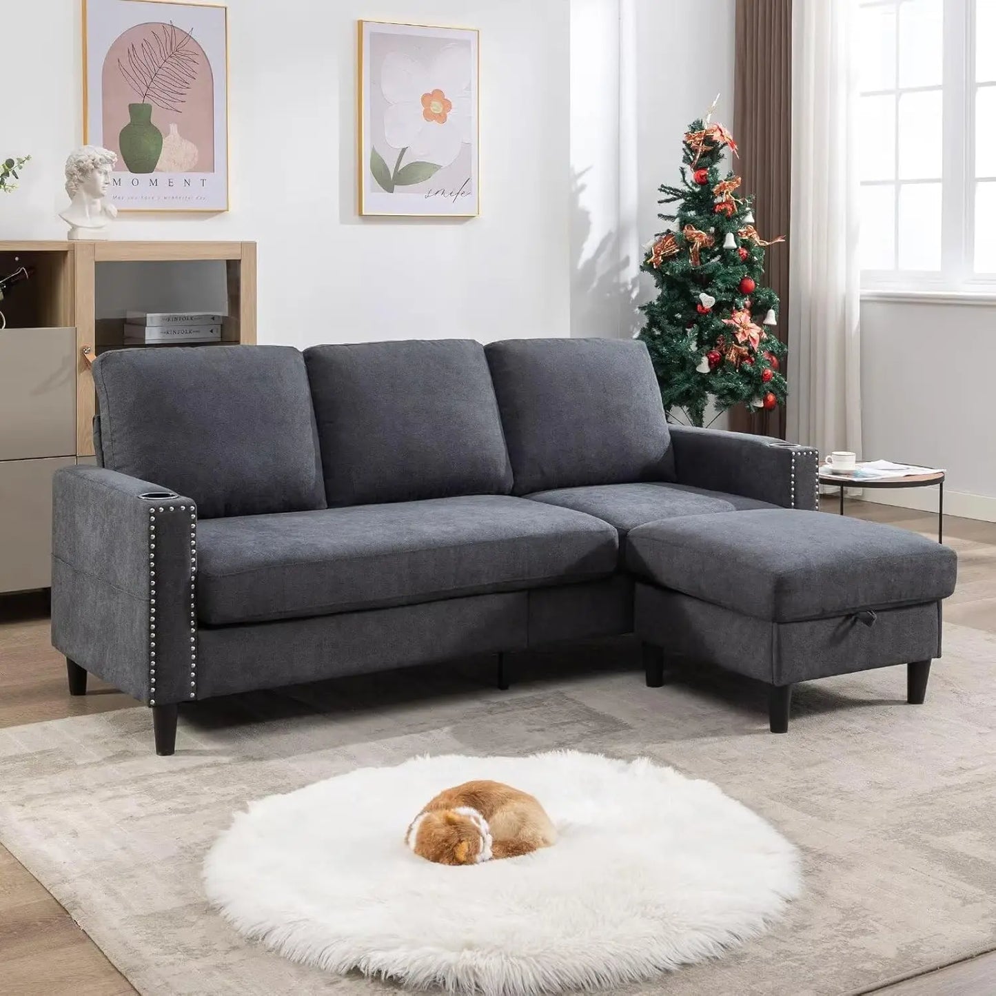 The House of Bonney™ LuxeFlex Velvet L-Shaped Sectional – Convertible 3-Seater Couch with Storage Ottoman & Cup Holders for Small Spaces