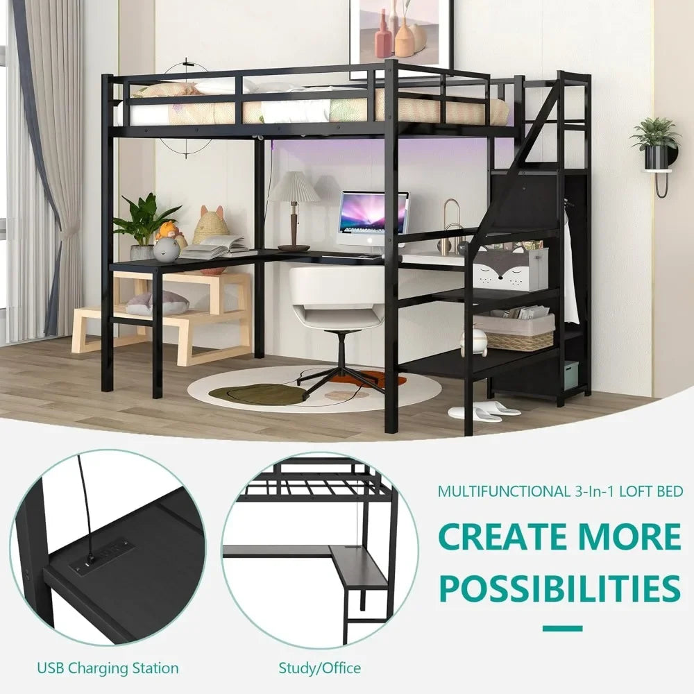 AURAFRAME Loft System – Full Size Metal Loft Bed with Built-In Wardrobe, L-Desk, RGB Lighting & Charging Station | Chic Industrial Workspace Bed with Storage Staircase & Safety Rail