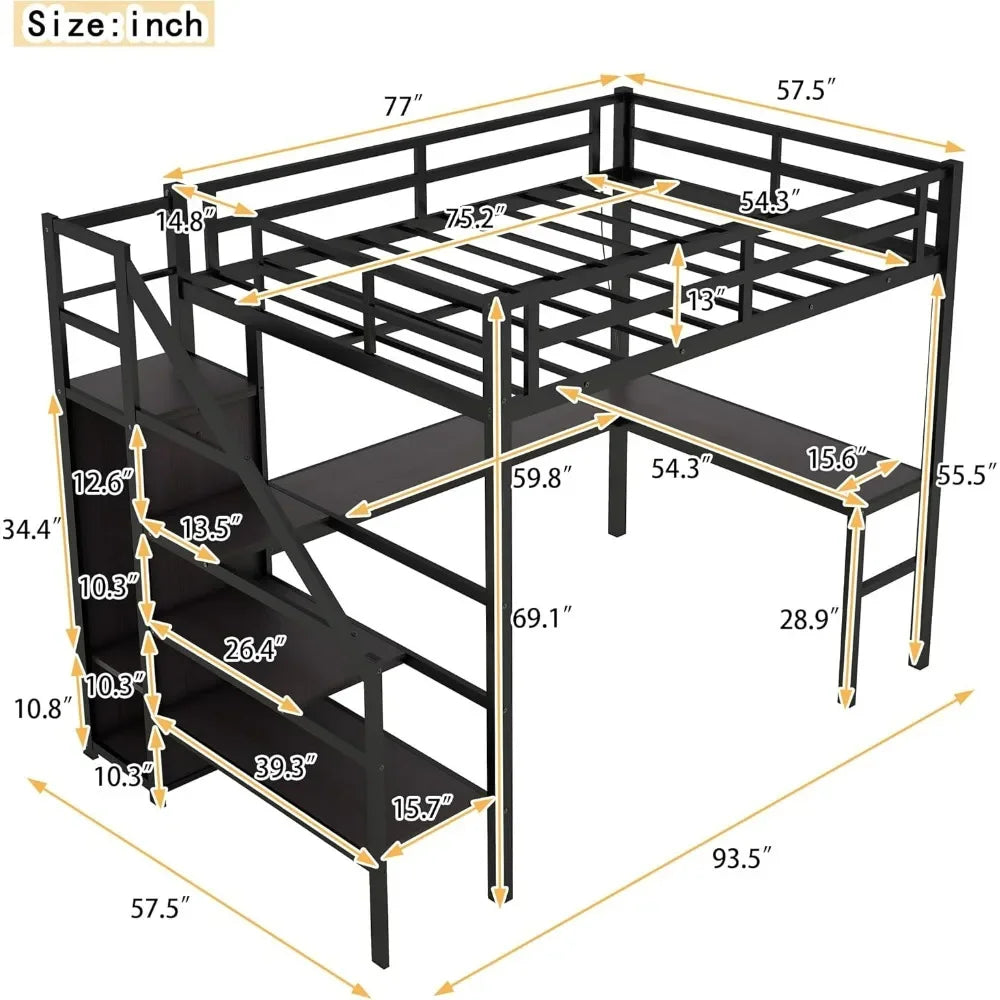 AURAFRAME Loft System – Full Size Metal Loft Bed with Built-In Wardrobe, L-Desk, RGB Lighting & Charging Station | Chic Industrial Workspace Bed with Storage Staircase & Safety Rail