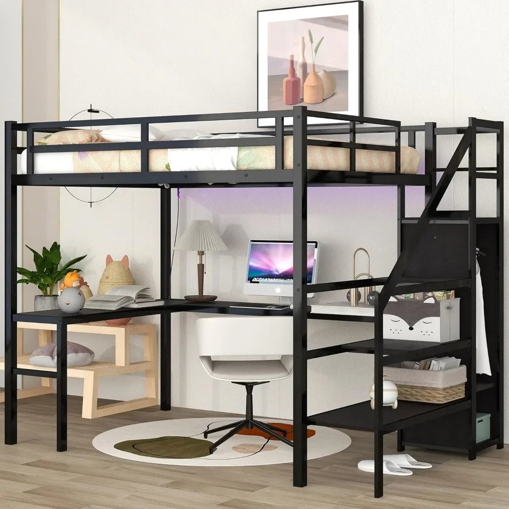 AURAFRAME Loft System – Full Size Metal Loft Bed with Built-In Wardrobe, L-Desk, RGB Lighting & Charging Station | Chic Industrial Workspace Bed with Storage Staircase & Safety Rail