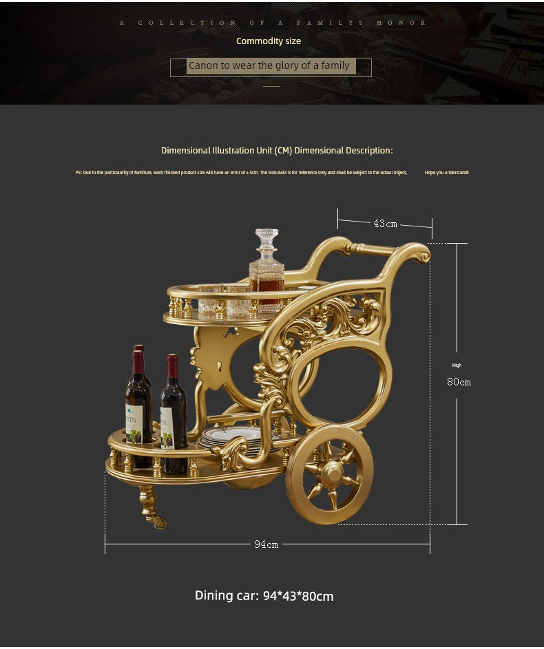 Regal Oak Carved Dining Trolley | European Luxury Solid Wood Rolling Bar Cart With Handcrafted Floral Detail, Antique Gold Trim & Push-Pull Elegance For Dining Rooms And Lounges