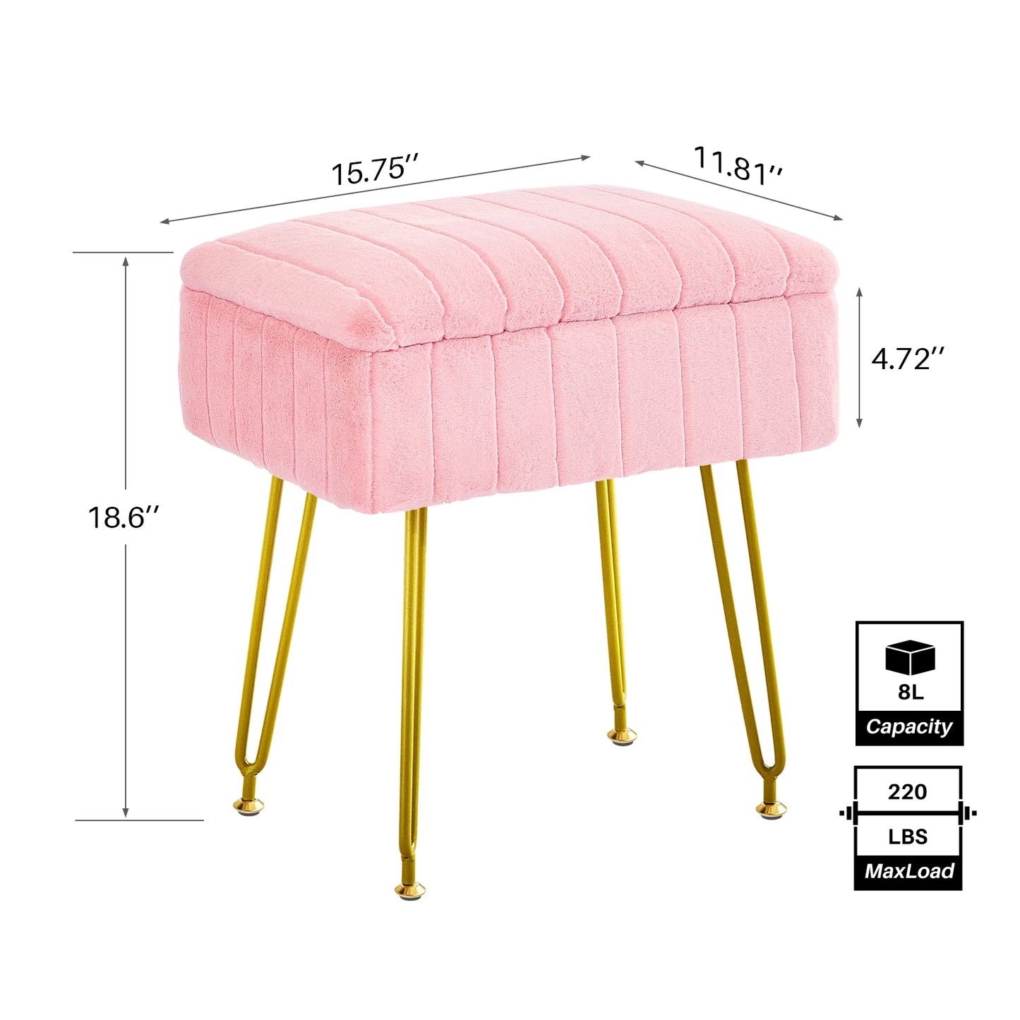 Faux Fur Vanity Stool with Storage – Stylish Makeup Ottoman with Gold Metal Legs for Bedroom & Living Room