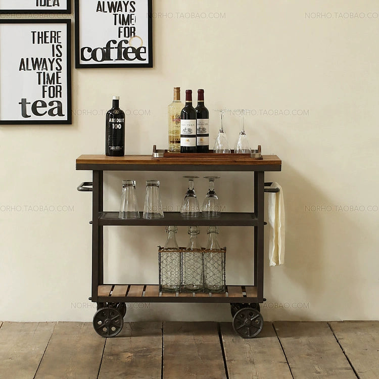 American-Style Wrought Iron Solid Wood Retro Dining Car Trolley with Wheels Dining Tray Cart Hotel KTV Drinks Trolley Sideboard Cabinet