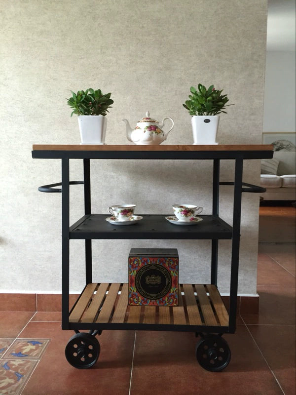 American-Style Wrought Iron Solid Wood Retro Dining Car Trolley with Wheels Dining Tray Cart Hotel KTV Drinks Trolley Sideboard Cabinet