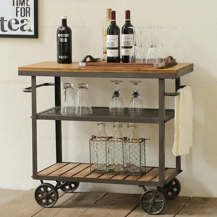 American-Style Wrought Iron Solid Wood Retro Dining Car Trolley with Wheels Dining Tray Cart Hotel KTV Drinks Trolley Sideboard Cabinet