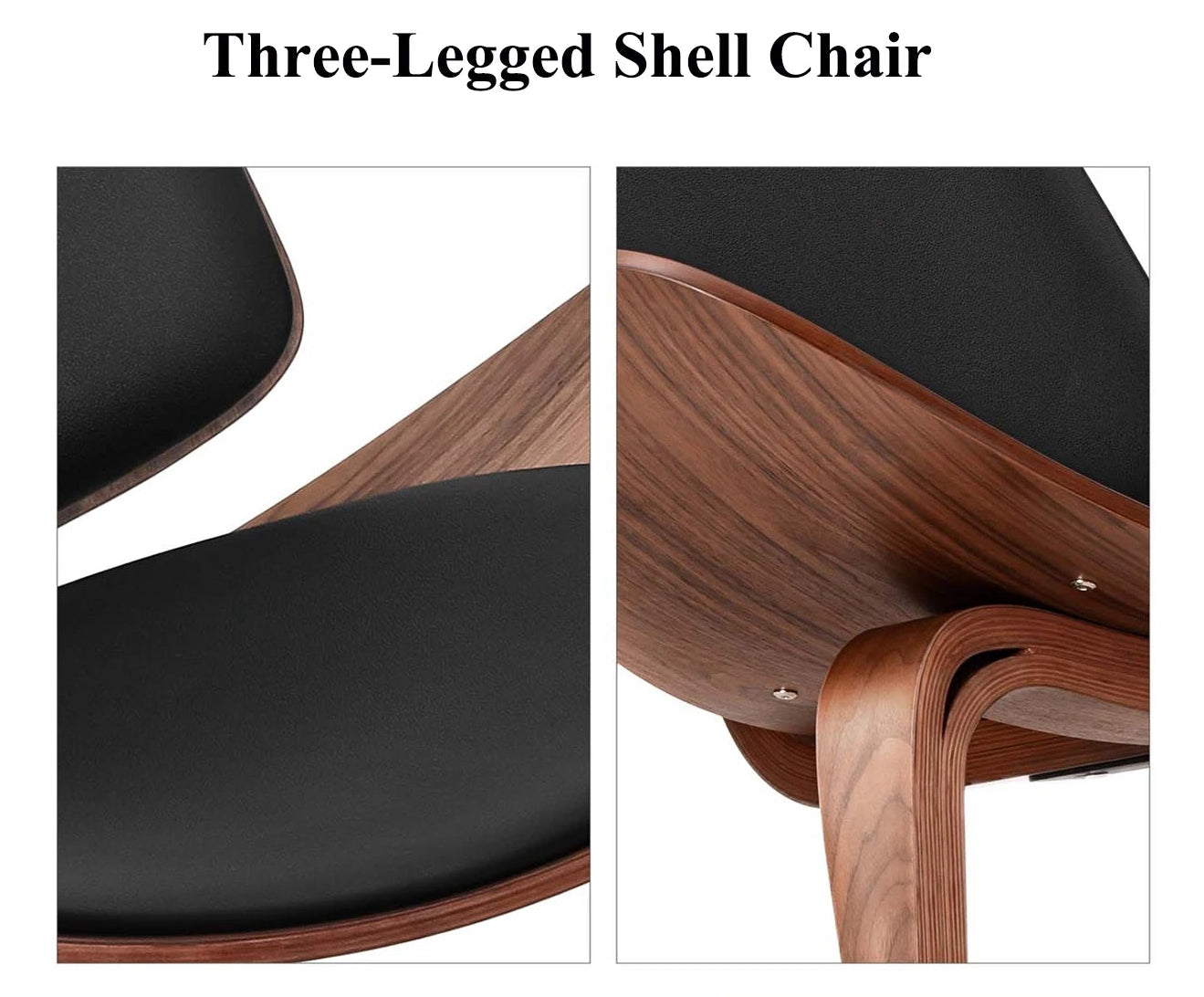 Three-legged shell chair with wooden legs and black seat, displayed on AliExpress.