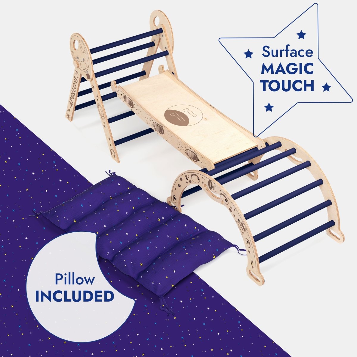 Apollo 4in1 Climbing Set: Pikler Triangle, Arch, Slide Board, and Cushion for Little Toddlers Astronauts (1–3 Years)