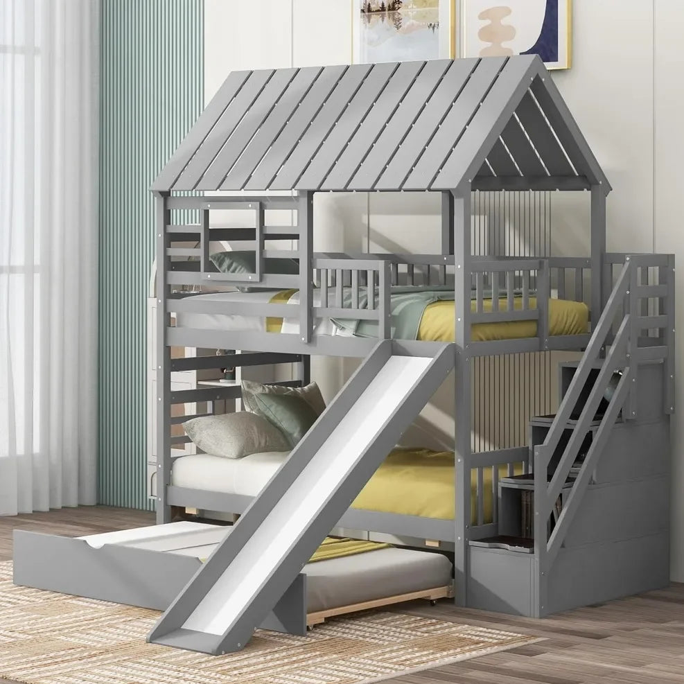 The House of Bonney™ “Skyloft Playhouse” Twin Bunk Bed with Slide, Trundle & Storage Staircase – Solid Wood Adventure Bed with Roof & Window Design