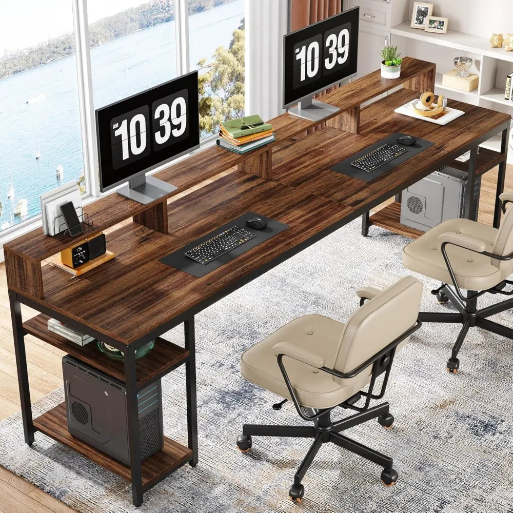 The Align Studio // Dual Monitor Luxe Workstation – 2-Person Industrial Desk with Shelves & Elevated Flow