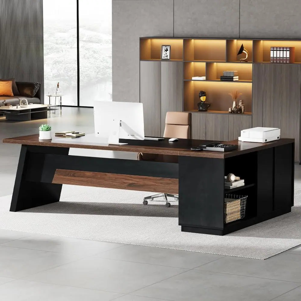 The House Of Bonney Executive L-Shaped Office Desk with Storage – 78" Modern Executive Desk with Lateral File Cabinet, Drawers, and Open Shelves for a Chic Workspace