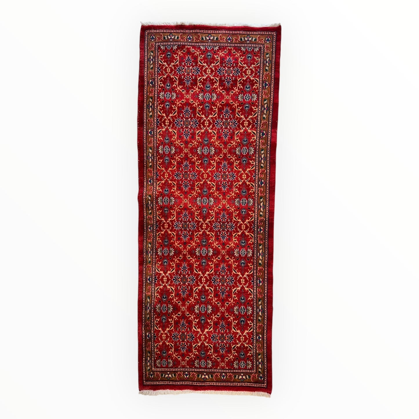 Vintage Mashhad Wool Runner – 3’3” x 8’4” – 1970s, Rich Red with Blue & Beige Accents