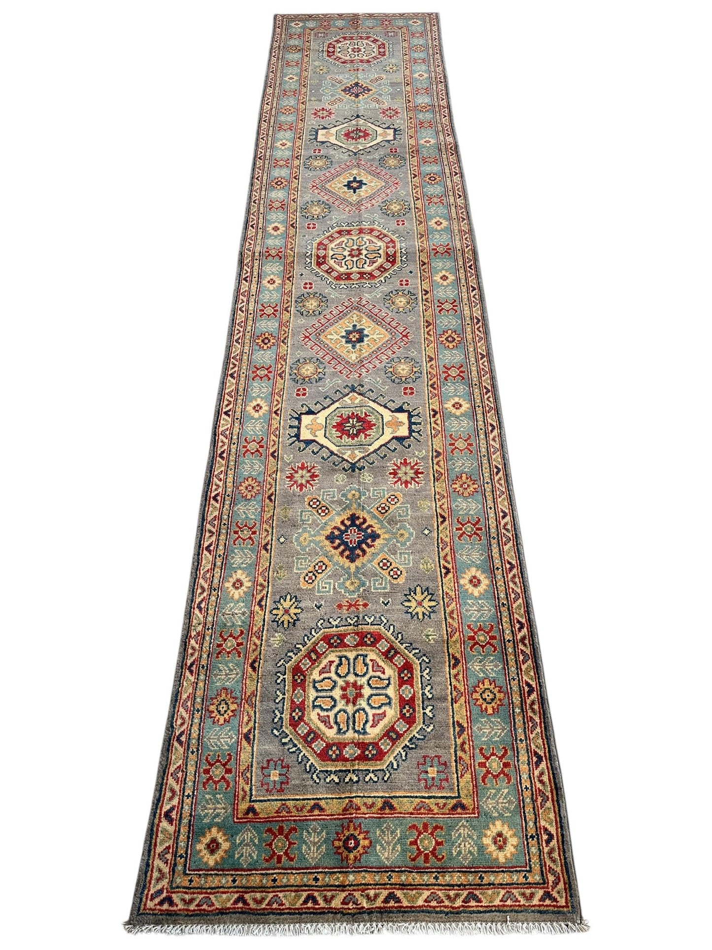 Hand-Knotted Afghan Kazak Wool Runner Rug – 2'7" x 12'3" – Traditional Geometric Design