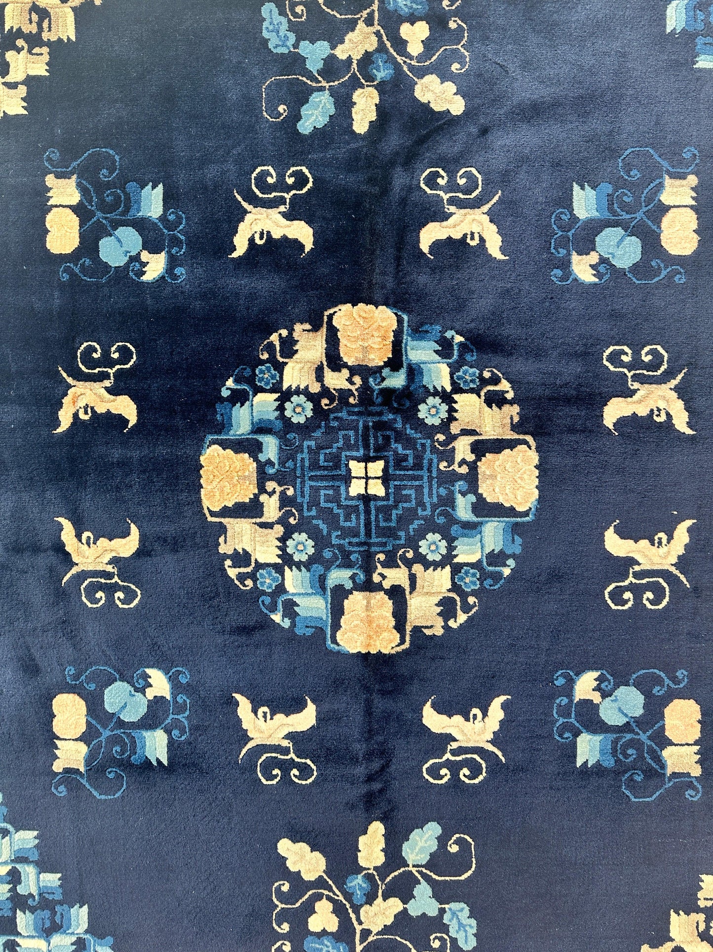 Hand-Knotted Antique Chinese Peking Wool Rug – 5’6” x 7’6” – Full Pile Navy and Cream Design