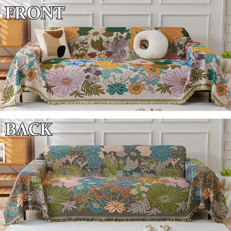 Linen Sofa Cover | Floral Tassel Throw, Pet-Friendly & Non-Slip