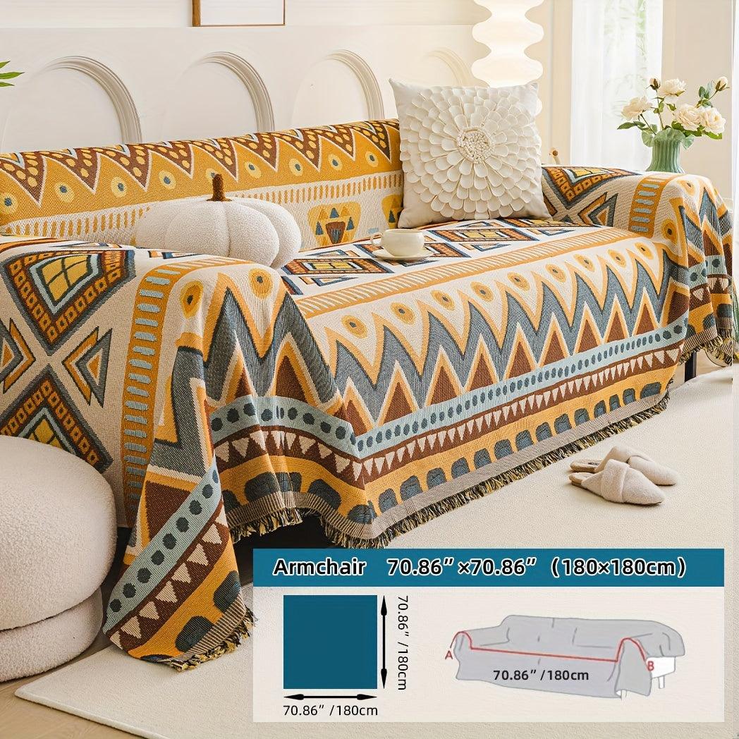 Boho Chic Double-sided Chenille Sofa Cover with Tassels - All-Season