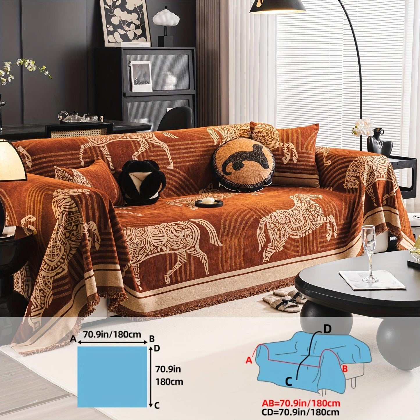 Luxurious Chenille Horse Design Sofa Cover Decor in Orange & Green