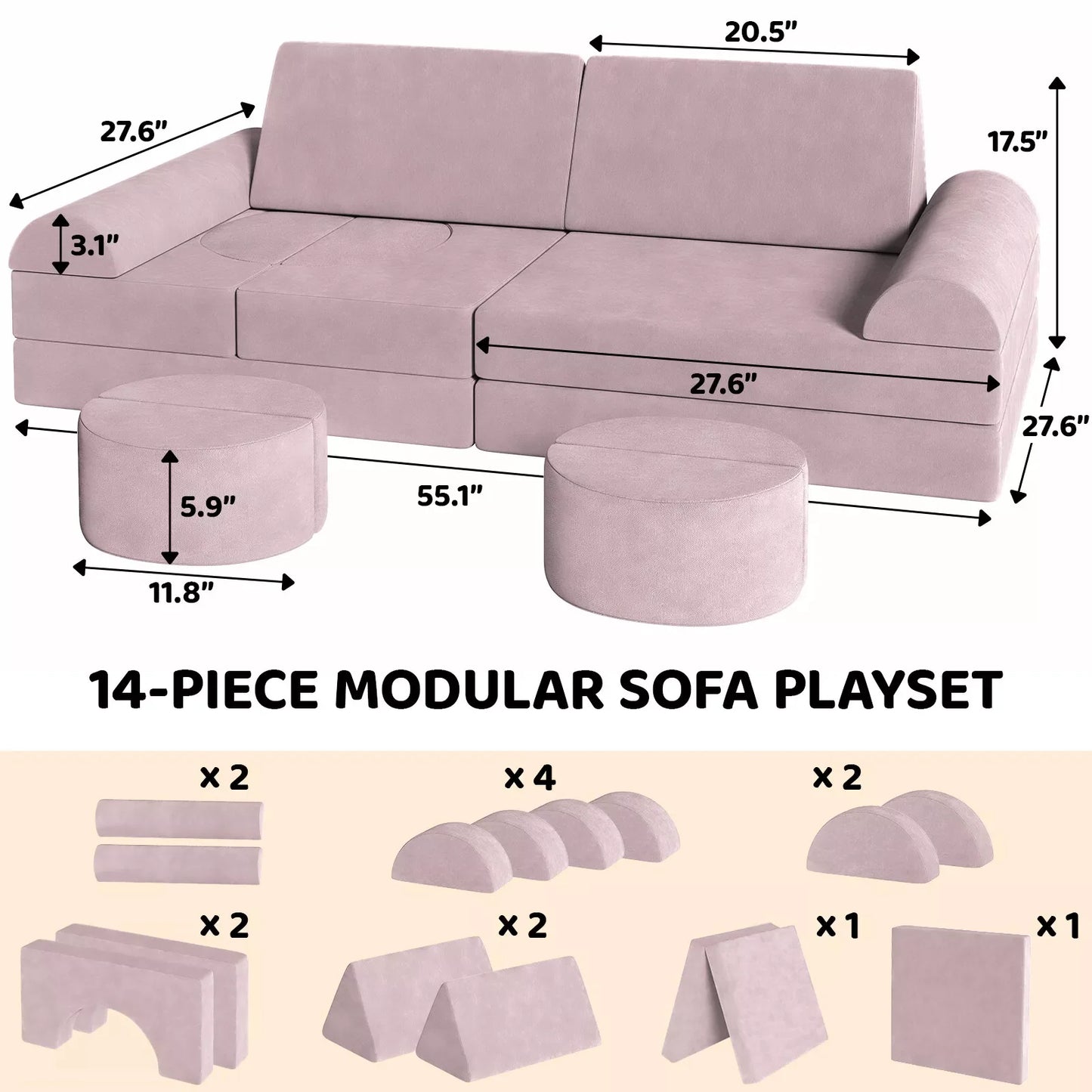 14-piece modular sofa playset with dimensions and component illustrations.