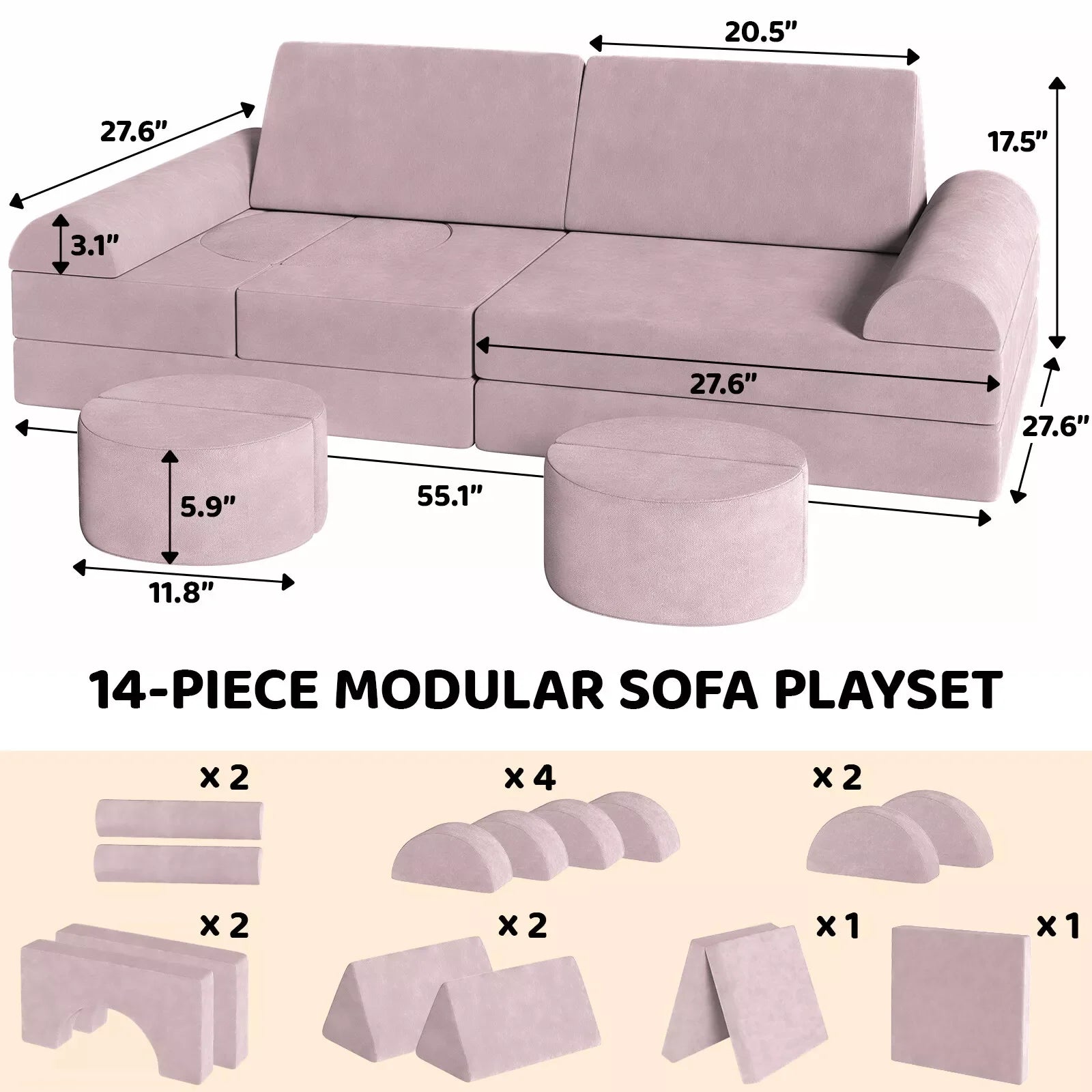 14-piece modular sofa playset with dimensions and component illustrations.