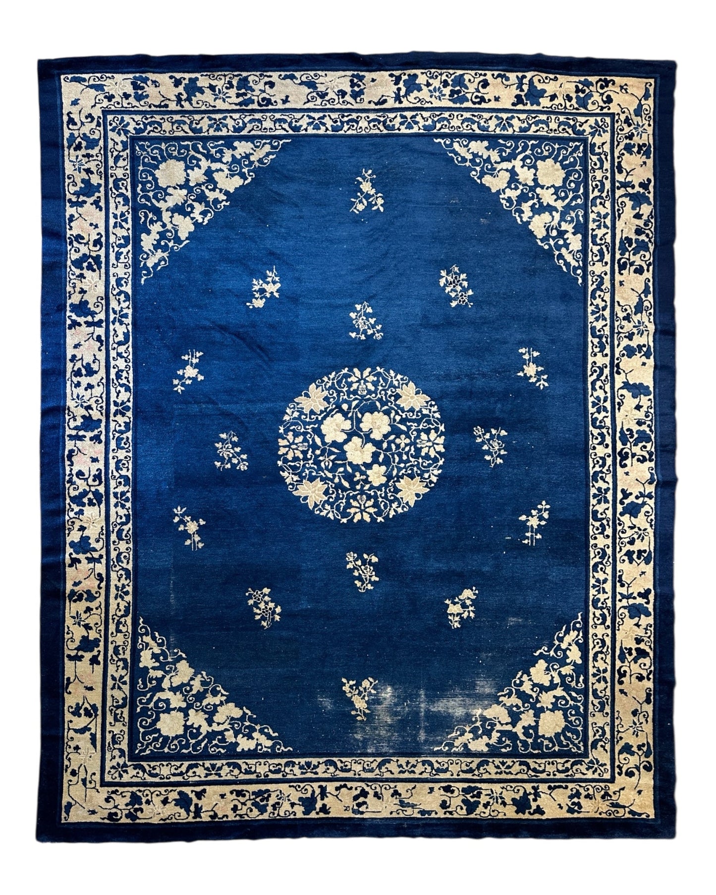 Hand-Knotted Antique Chinese Peking Wool Rug – 9’ x 11’5” – Distressed Blue, 19th Century