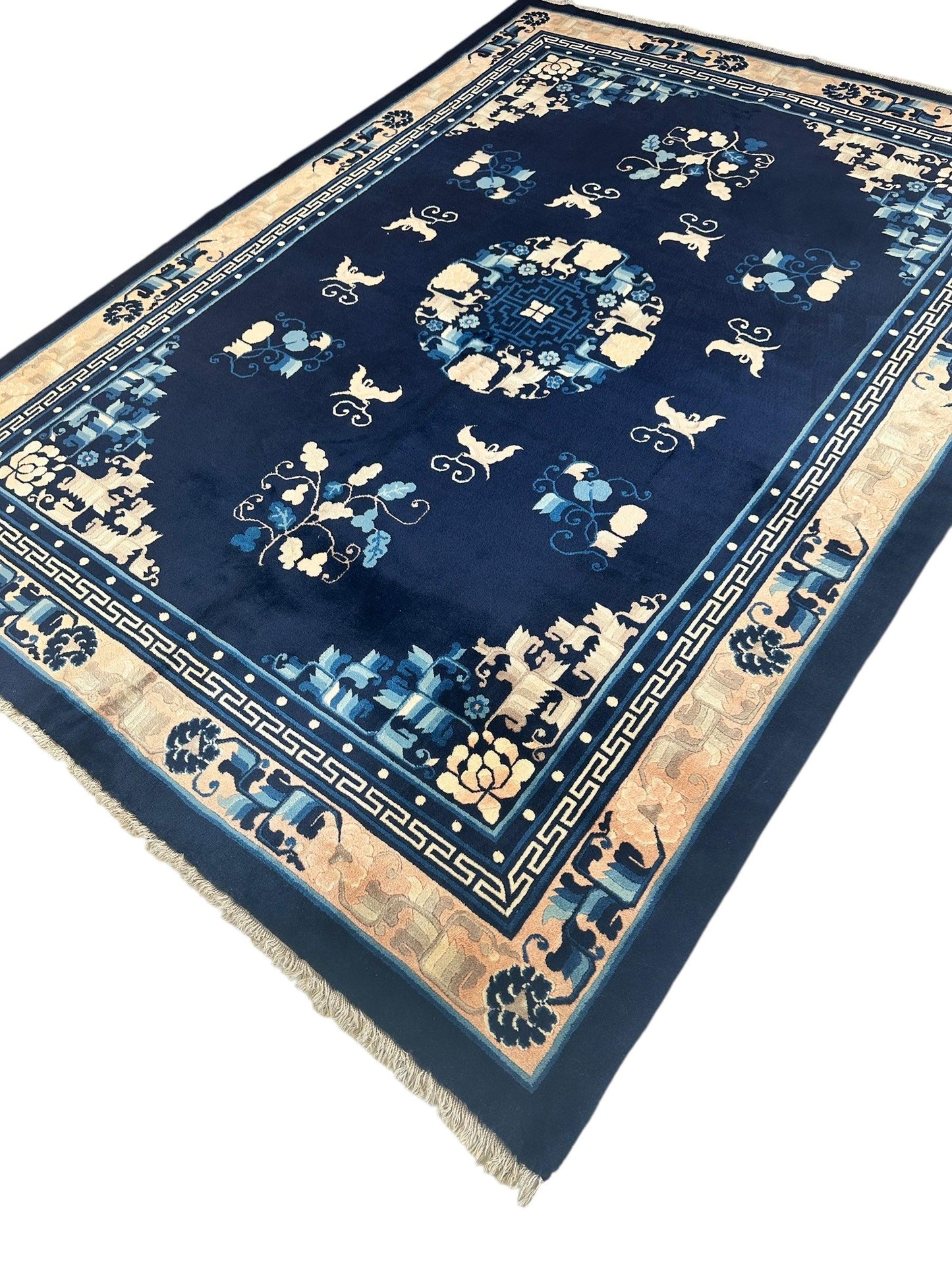 Hand-Knotted Antique Chinese Peking Wool Rug – 5’6” x 7’6” – Full Pile Navy and Cream Design