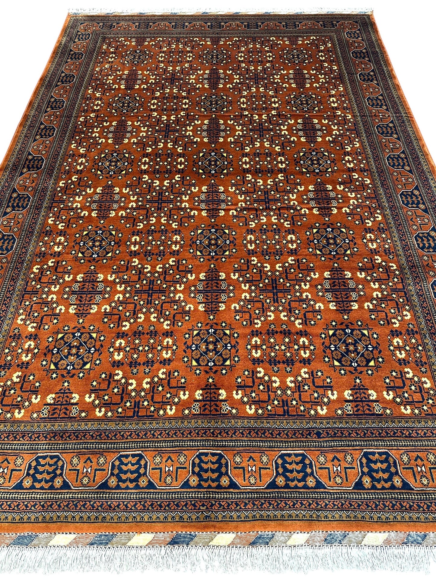 Hand-Knotted Afghani Bukharayi Rug | 6'7" x 10' Wool Area Carpet – Traditional Geometric Design