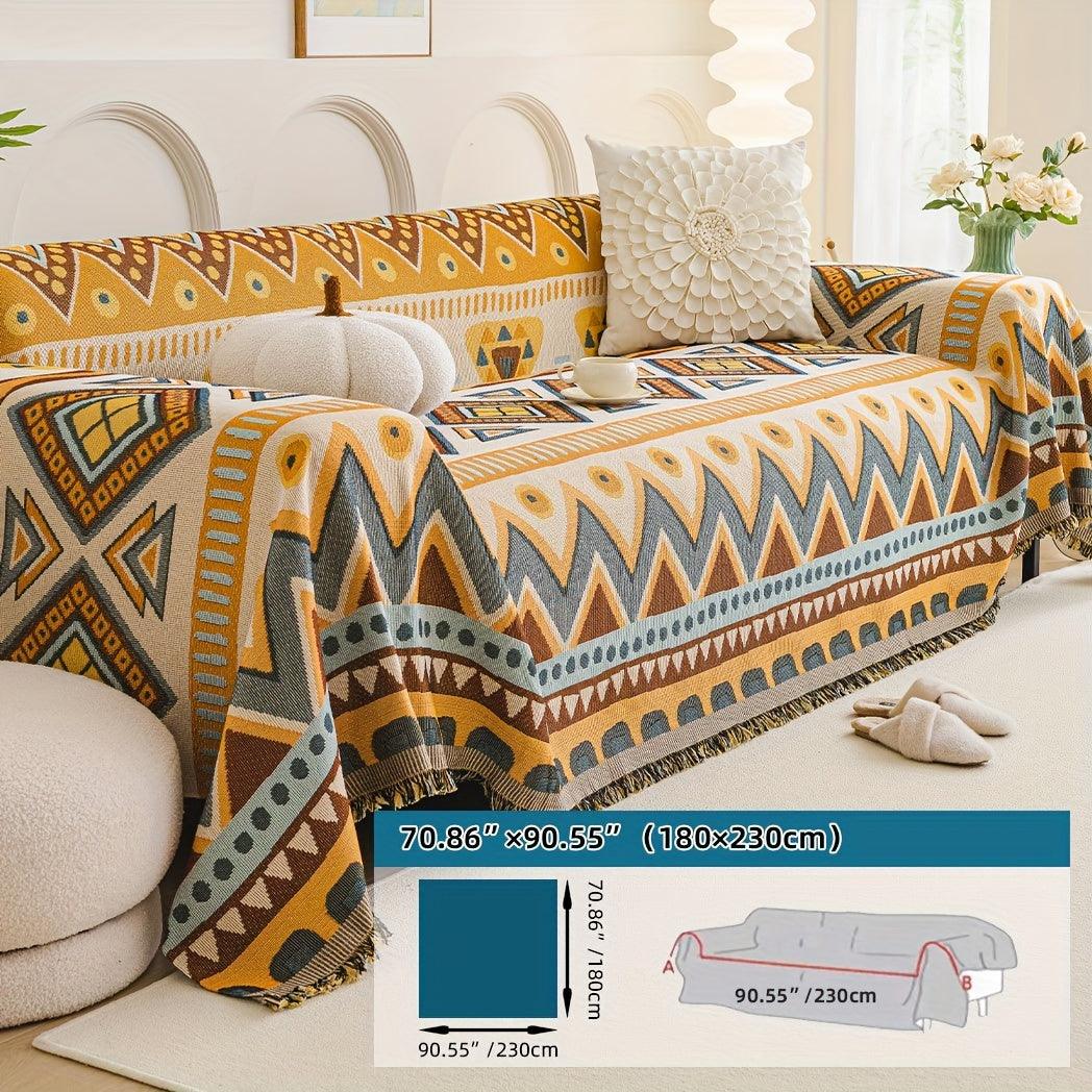Boho Chic Double-sided Chenille Sofa Cover with Tassels - All-Season