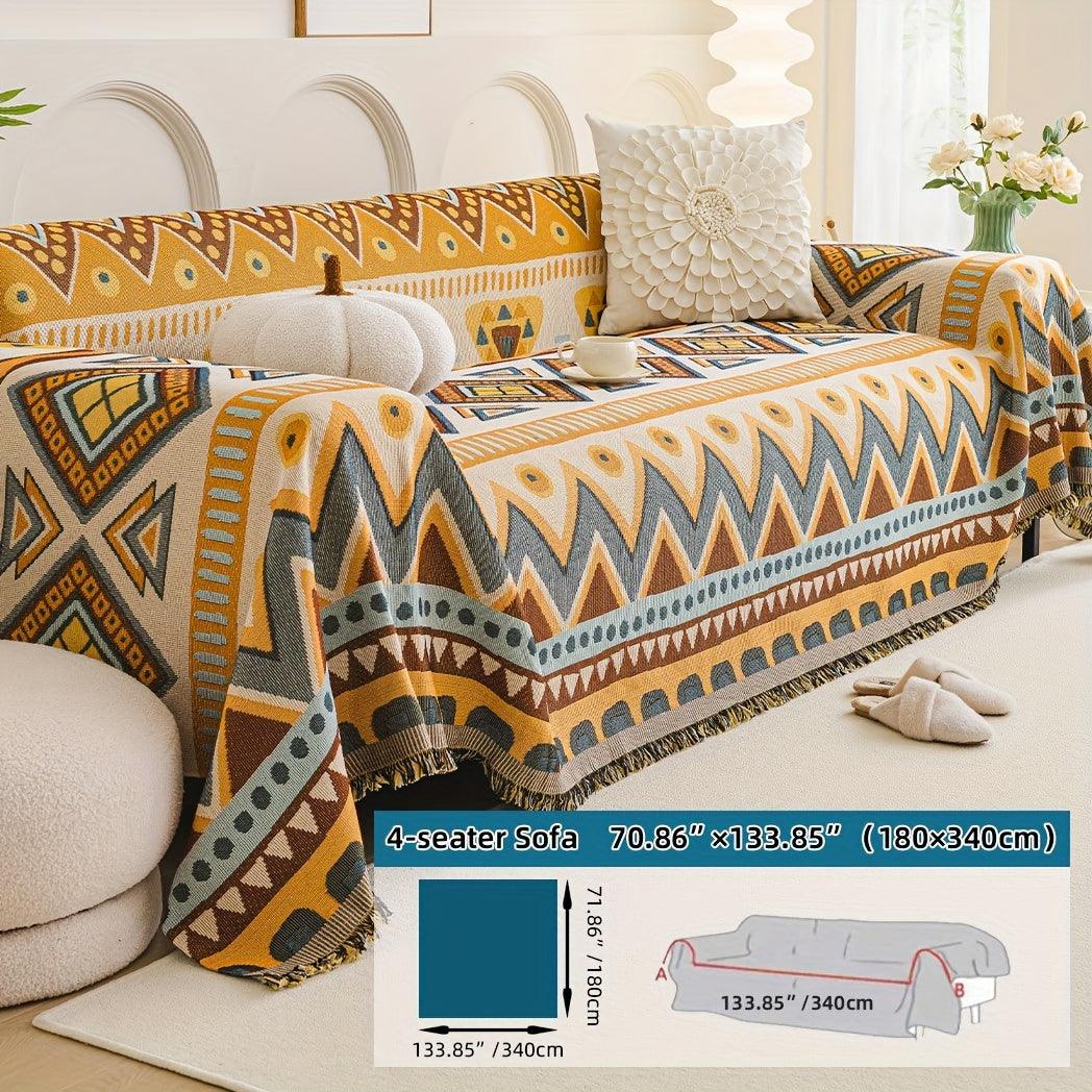 Boho Chic Double-sided Chenille Sofa Cover with Tassels - All-Season