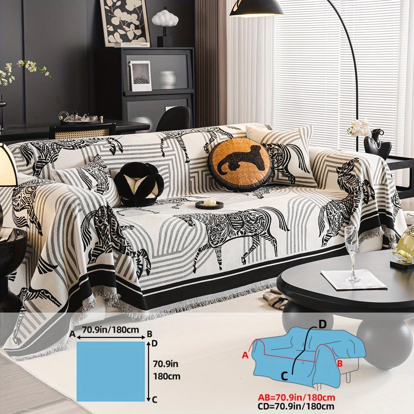 Luxurious Chenille Horse Design Sofa Cover Decor in Orange & Green