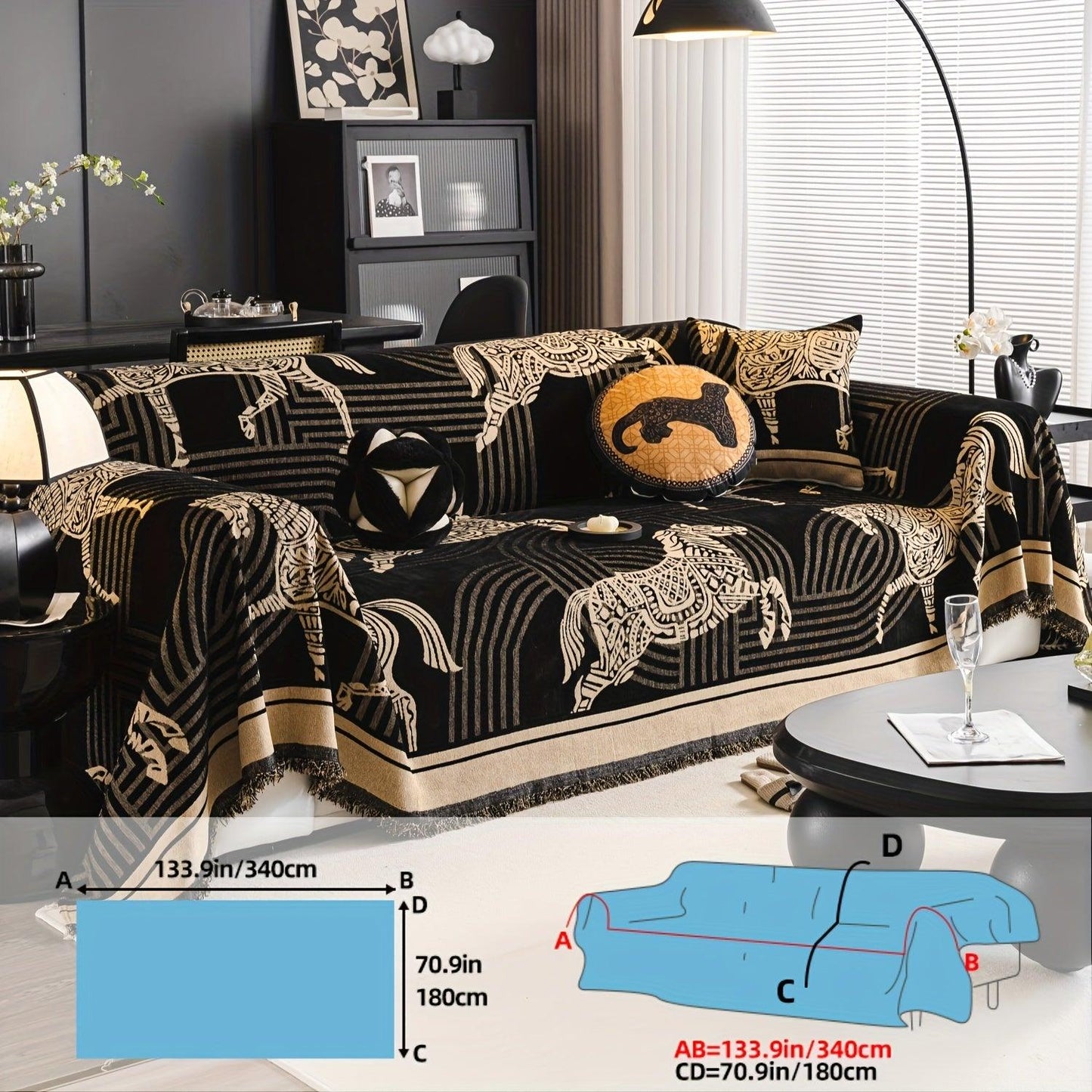 Luxurious Chenille Horse Design Sofa Cover Decor in Orange & Green