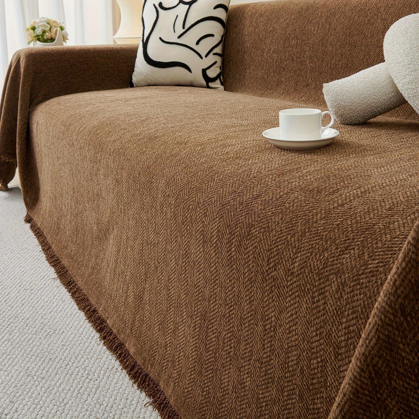 Update Sofa with Organic Couch Cover| Herringbone Chenille Tassels