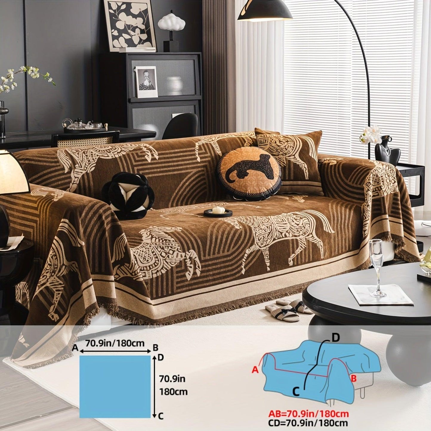 Luxurious Chenille Horse Design Sofa Cover Decor in Orange & Green