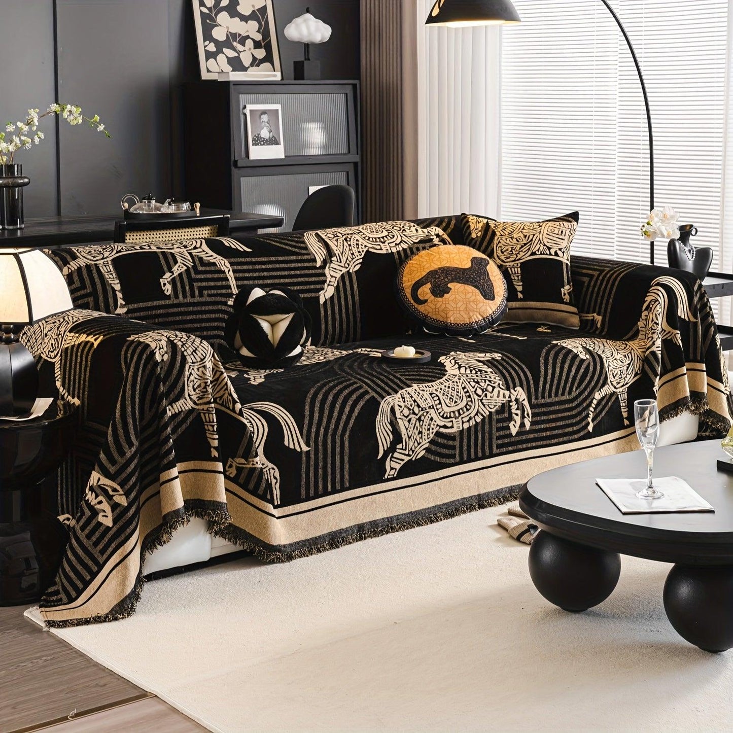 Luxurious Chenille Horse Design Sofa Cover Decor in Orange & Green