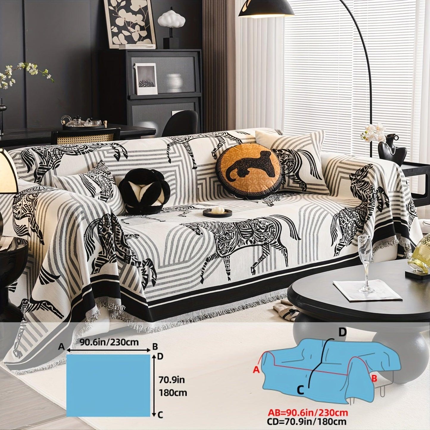 Luxurious Chenille Horse Design Sofa Cover Decor in Orange & Green