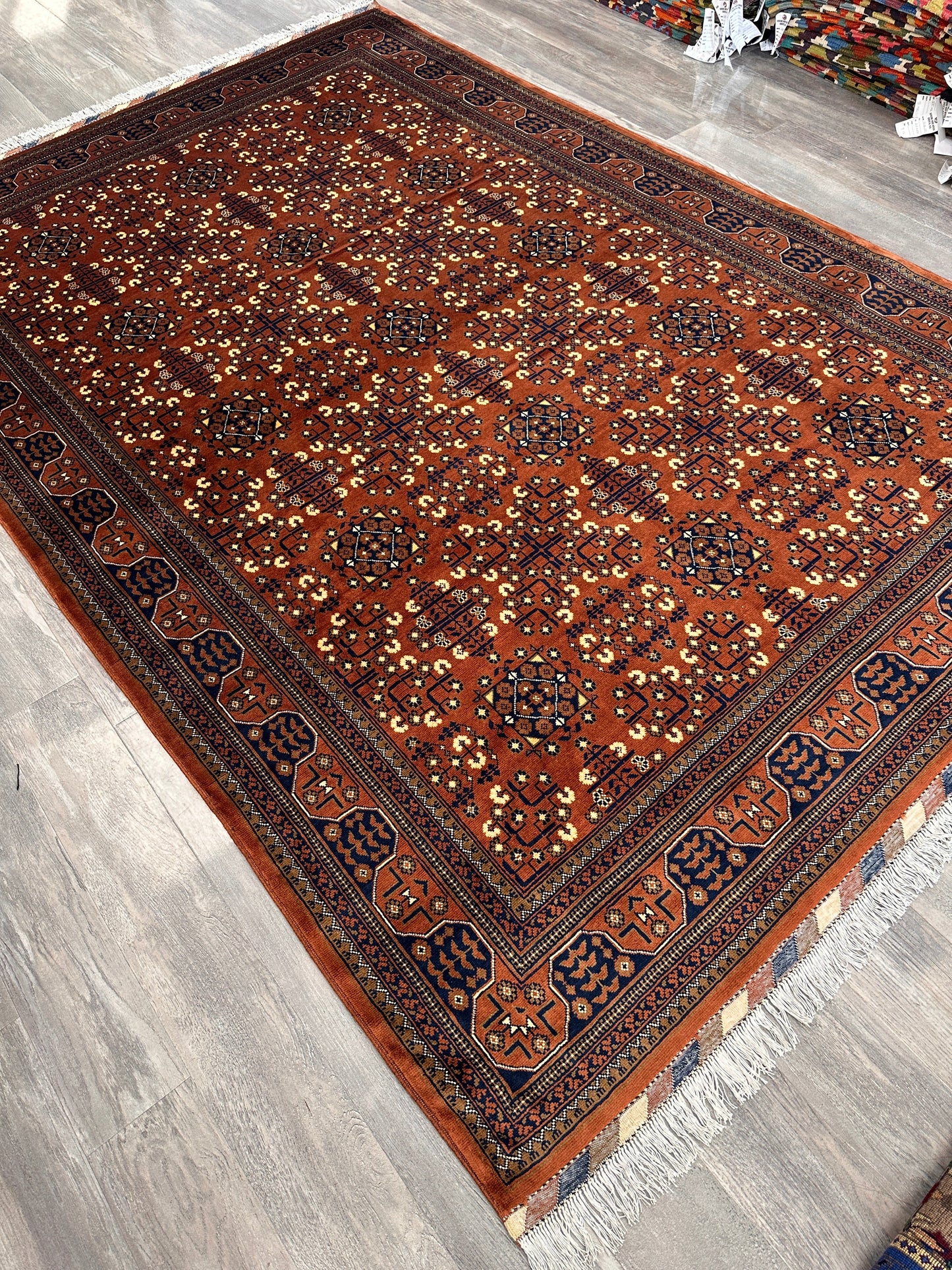 Hand-Knotted Afghani Bukharayi Rug | 6'7" x 10' Wool Area Carpet – Traditional Geometric Design