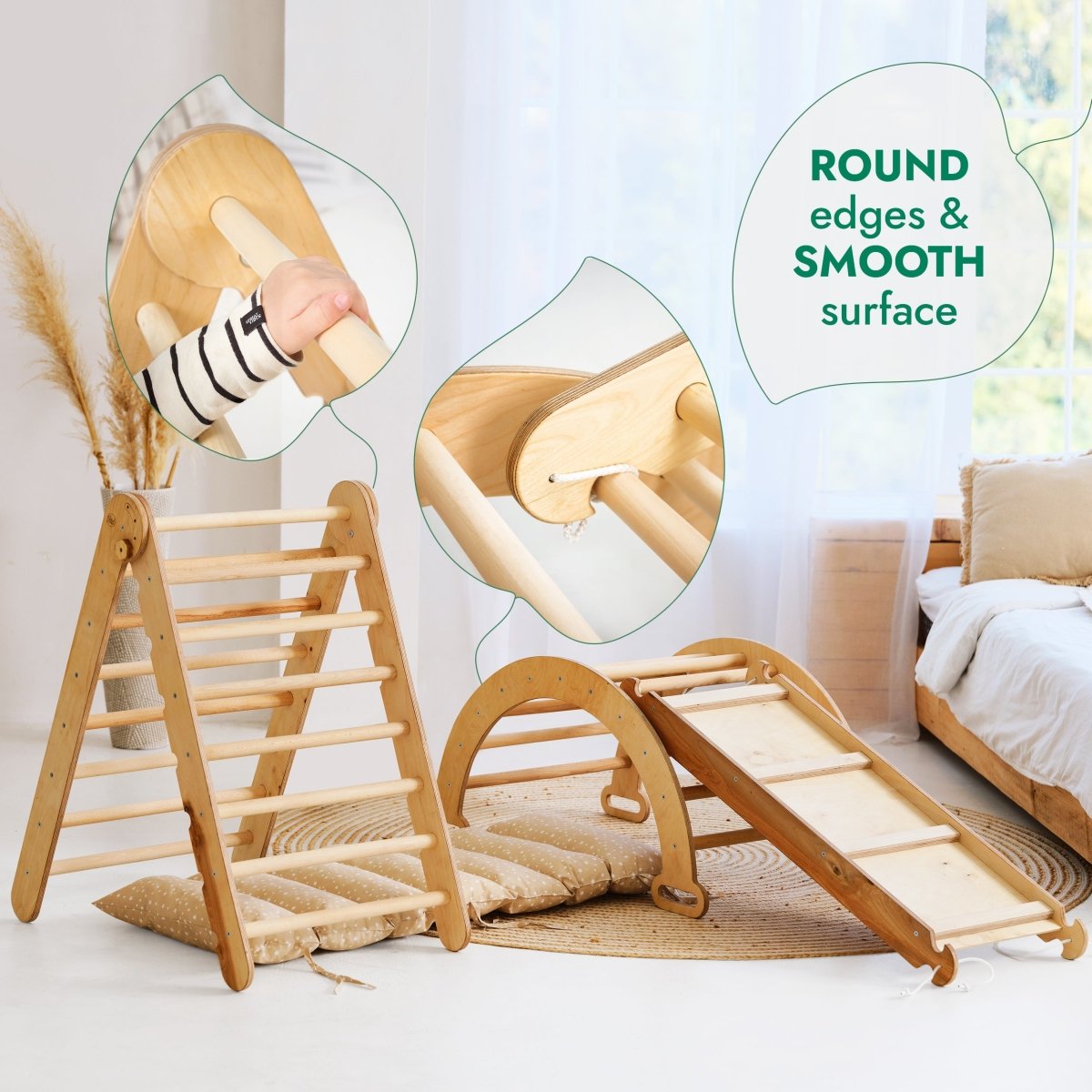 4in1 Montessori Climbing Set: Triangle Ladder + Climbing Arch + Slide Board & Cushion – Beige