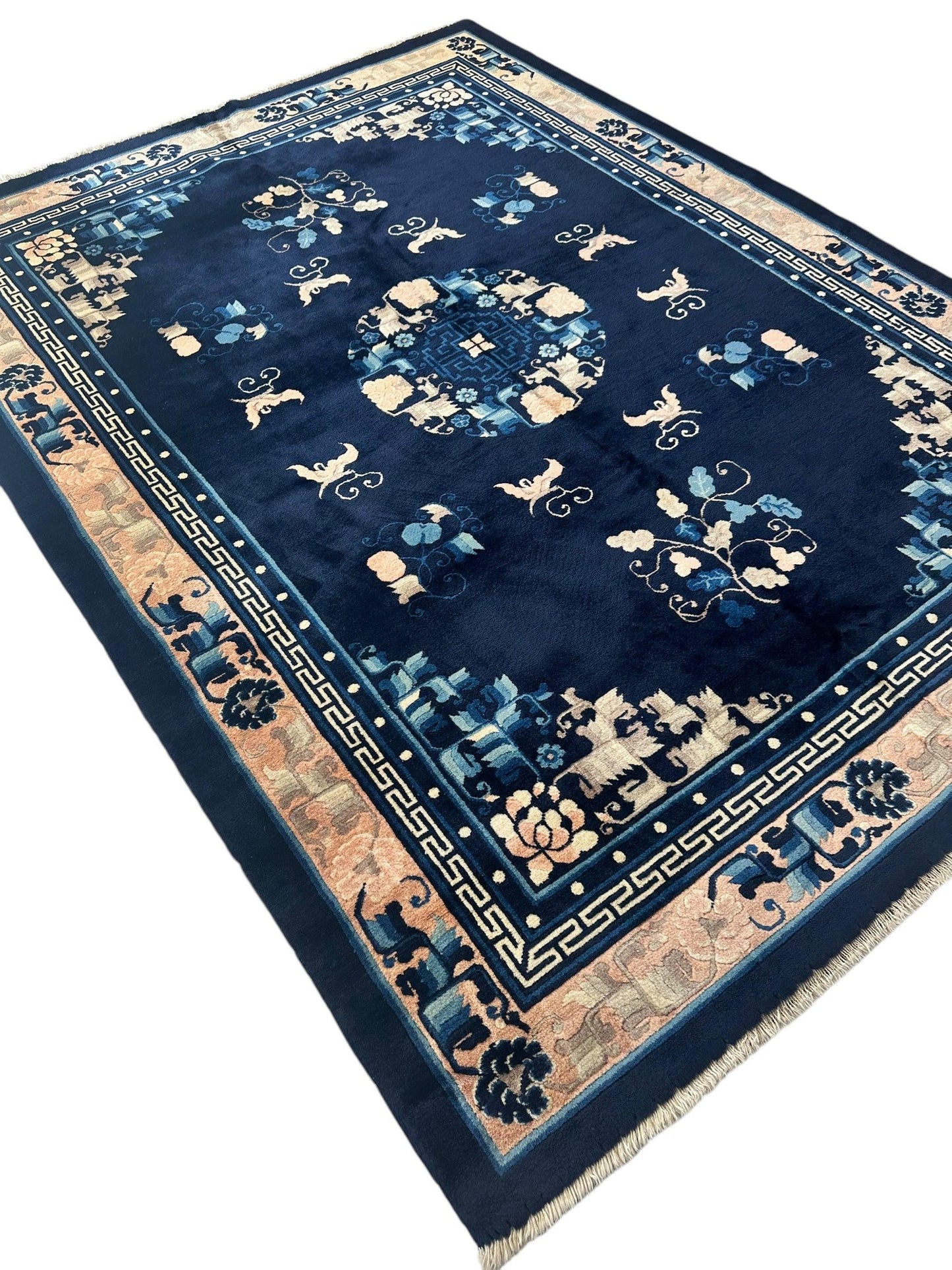 Hand-Knotted Antique Chinese Peking Wool Rug – 5’6” x 7’6” – Full Pile Navy and Cream Design