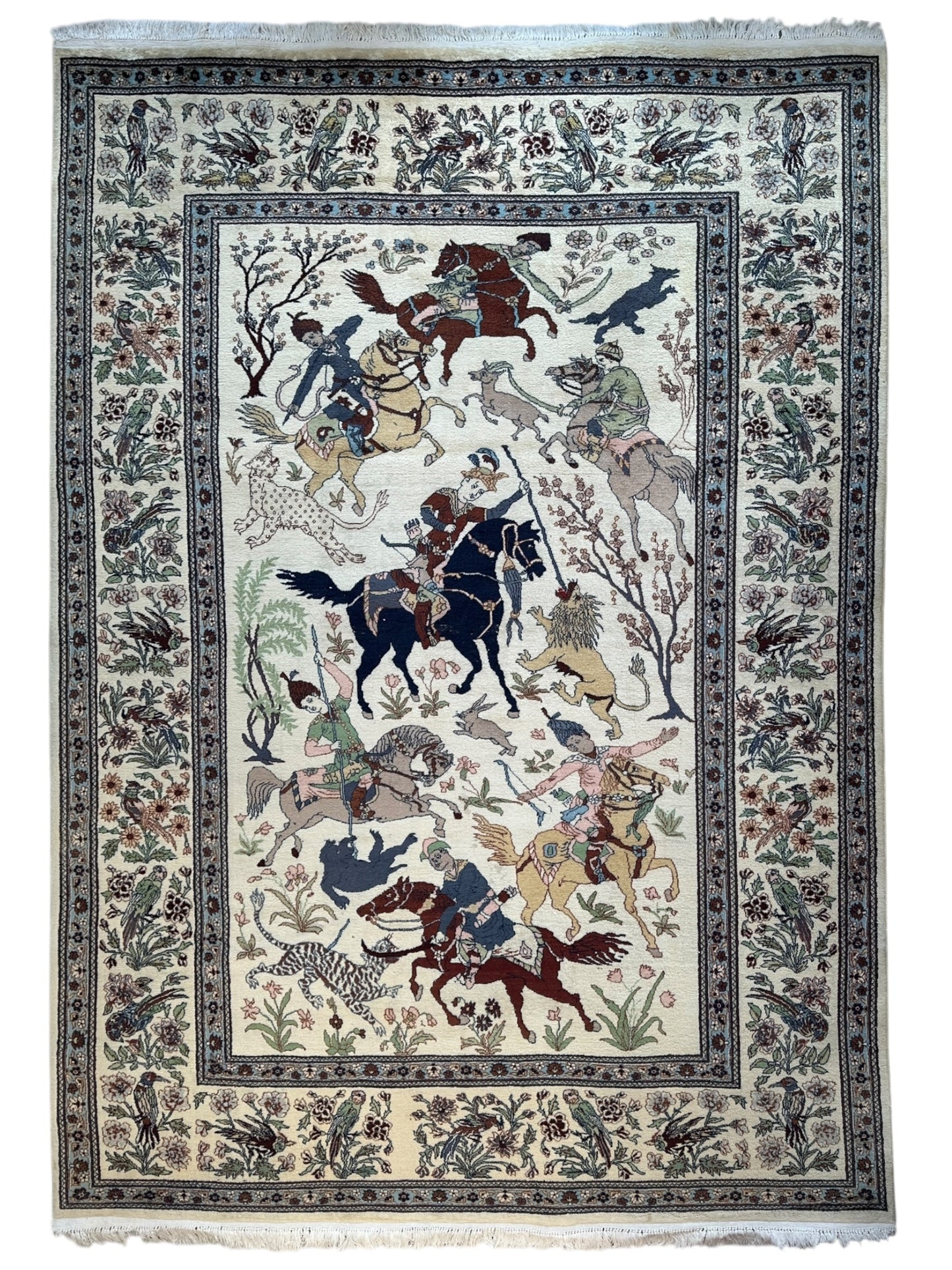 Hand-Knotted Lahore Hunting Scene Wool Rug – 8’ x 11’3” – Vintage 1950s Persian-Style Masterpiece