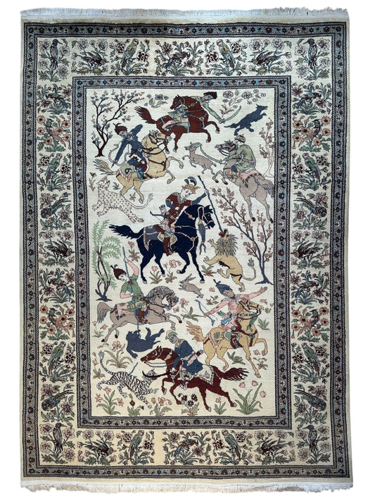 Hand-Knotted Lahore Hunting Scene Wool Rug – 8’ x 11’3” – Vintage 1950s Persian-Style Masterpiece