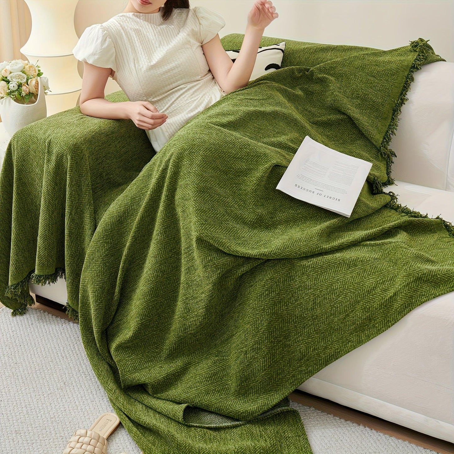 Update Sofa with Organic Couch Cover| Herringbone Chenille Tassels