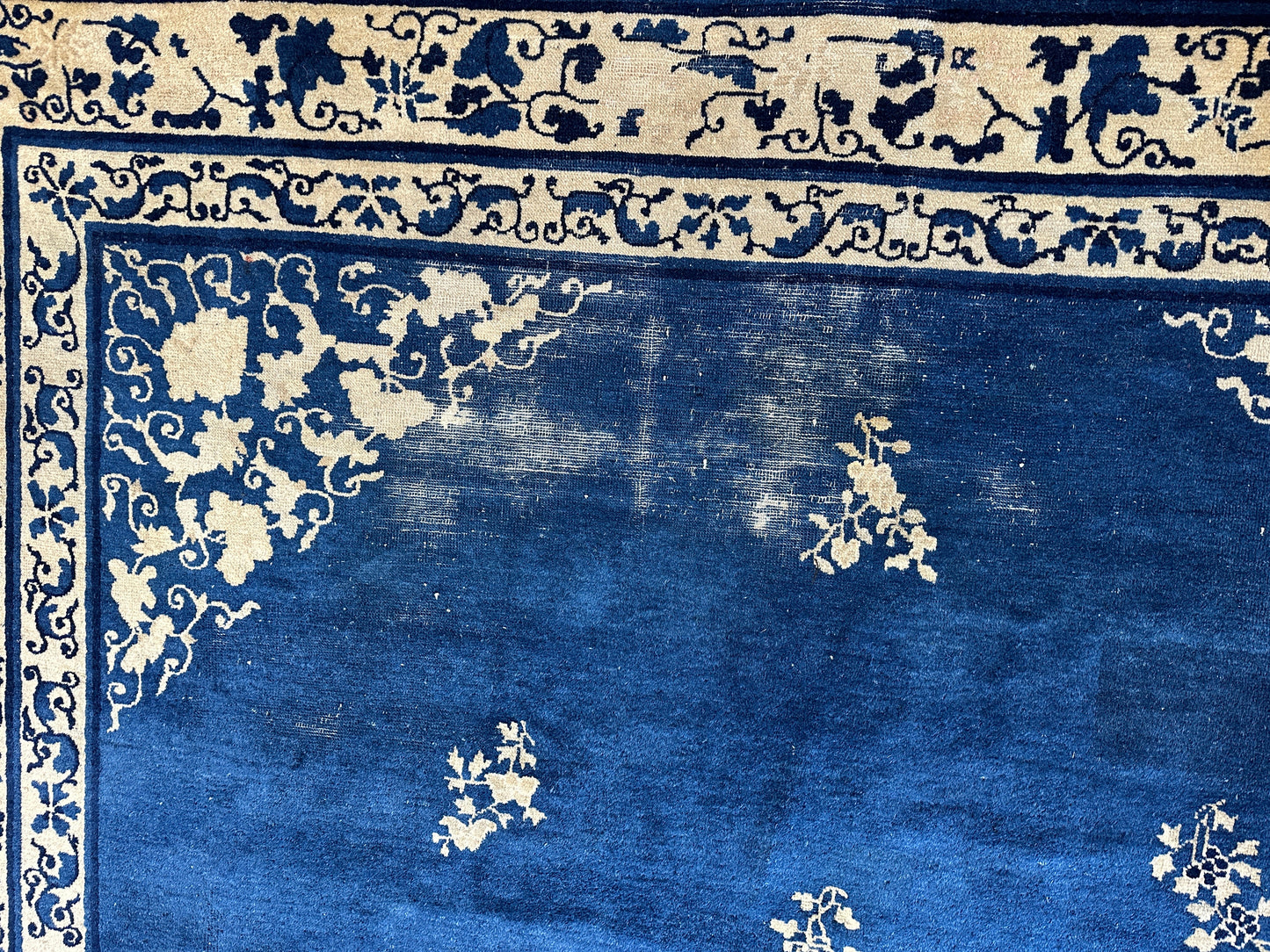 Hand-Knotted Antique Chinese Peking Wool Rug – 9’ x 11’5” – Distressed Blue, 19th Century