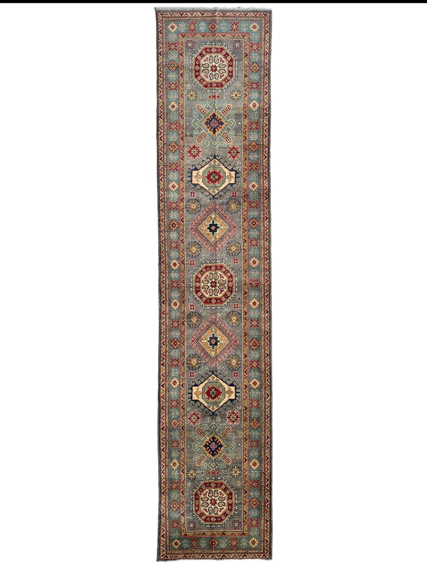 Hand-Knotted Afghan Kazak Wool Runner Rug – 2'7" x 12'3" – Traditional Geometric Design