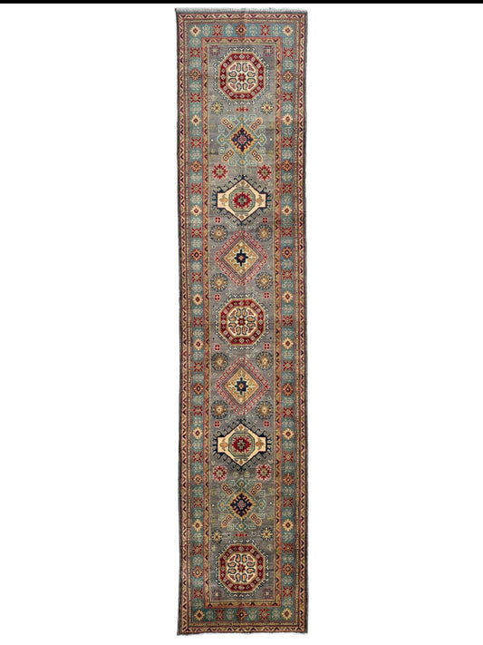 Hand-Knotted Afghan Kazak Wool Runner Rug – 2'7" x 12'3" – Traditional Geometric Design