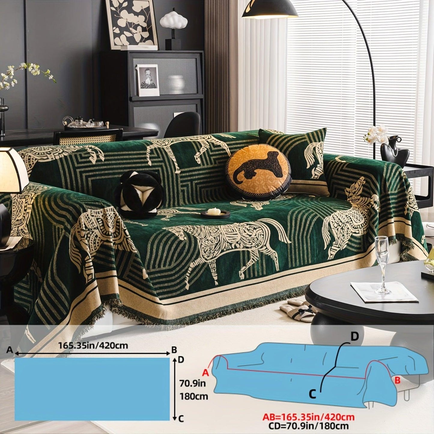 Luxurious Chenille Horse Design Sofa Cover Decor in Orange & Green