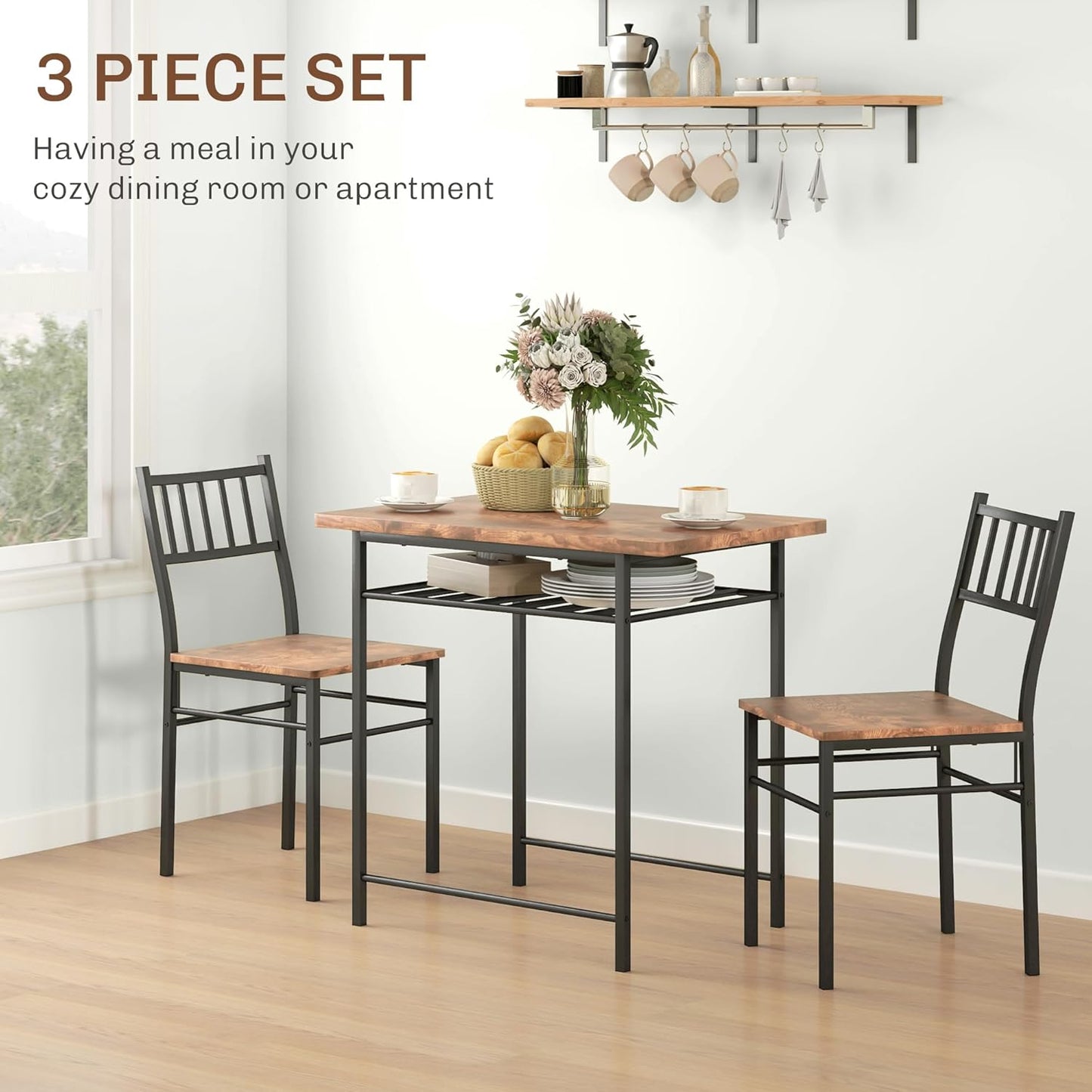 Homcom 3-Piece Dining Table Set for 2 – Small Kitchen Table & Chairs with Built-In Storage, Rustic Brown, Steel Frame, Perfect for Breakfast Nooks & Small Spaces