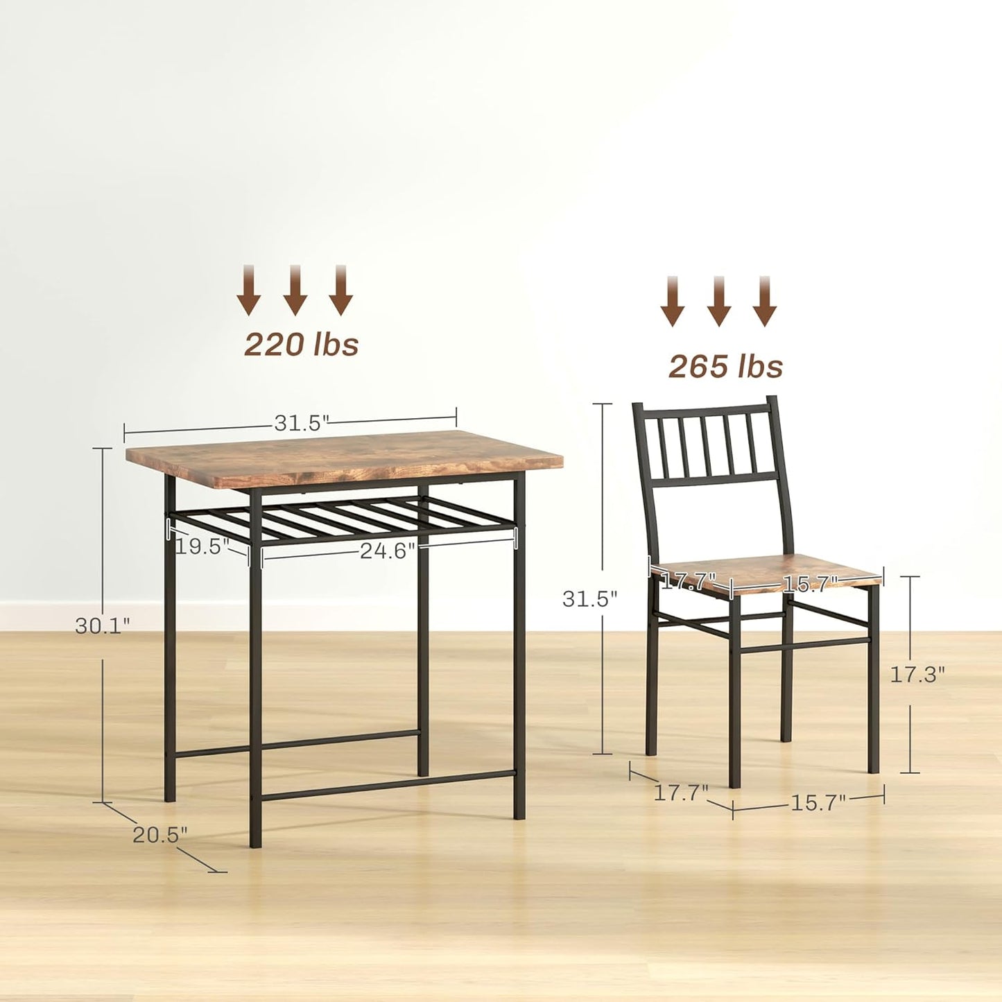 Homcom 3-Piece Dining Table Set for 2 – Small Kitchen Table & Chairs with Built-In Storage, Rustic Brown, Steel Frame, Perfect for Breakfast Nooks & Small Spaces