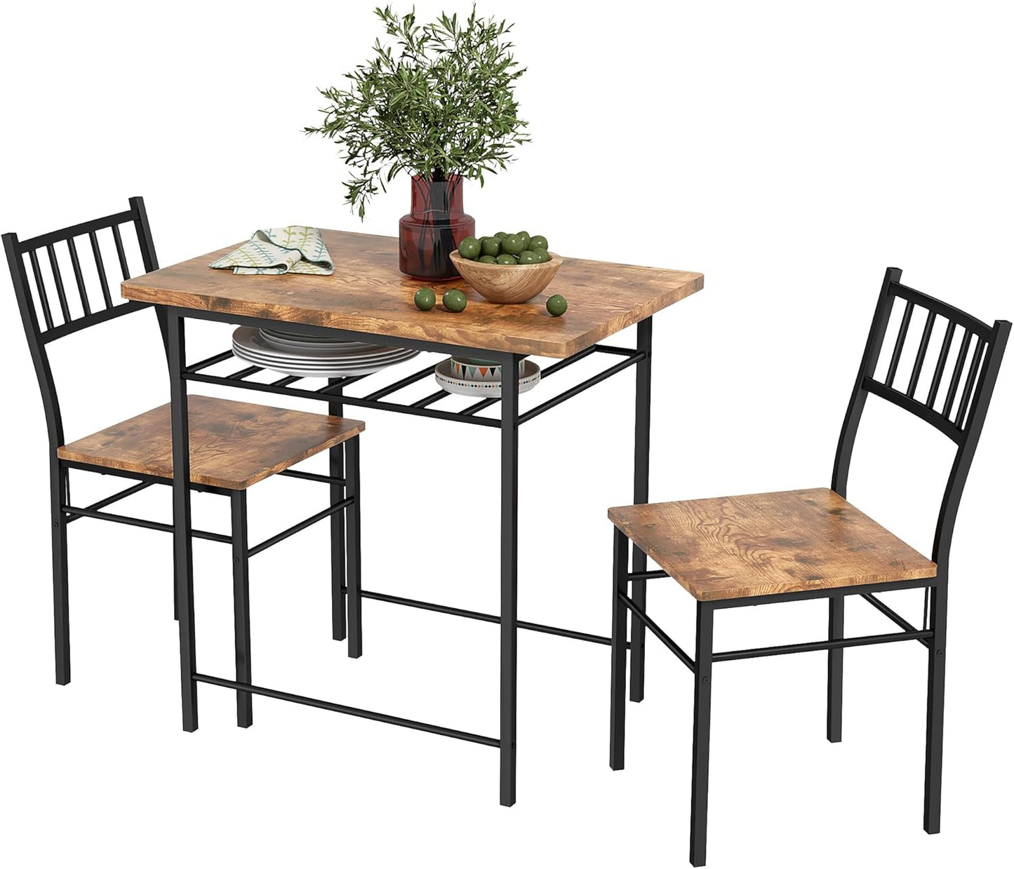 Homcom 3-Piece Dining Table Set for 2 – Small Kitchen Table & Chairs with Built-In Storage, Rustic Brown, Steel Frame, Perfect for Breakfast Nooks & Small Spaces