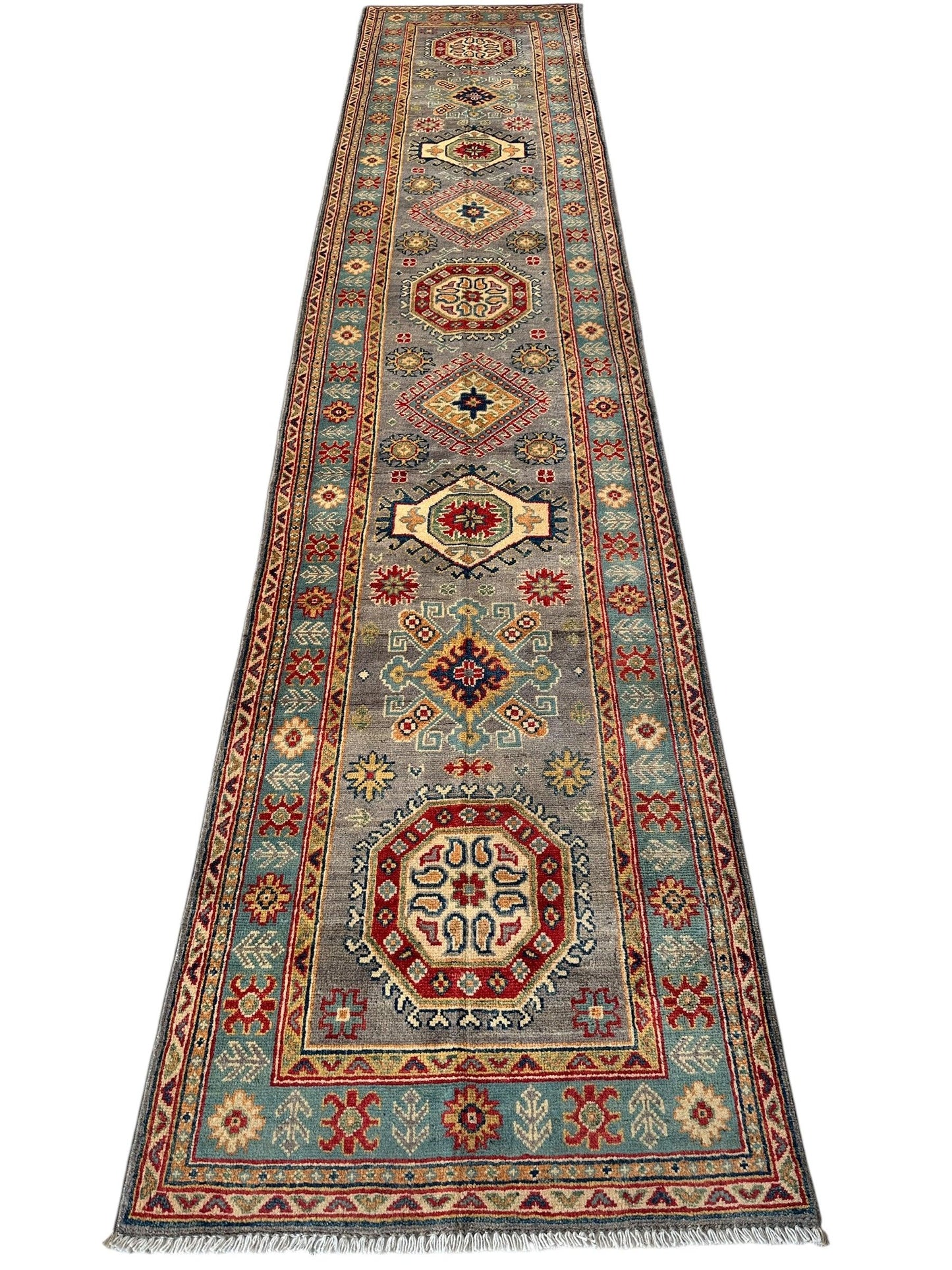 Hand-Knotted Afghan Kazak Wool Runner Rug – 2'7" x 12'3" – Traditional Geometric Design