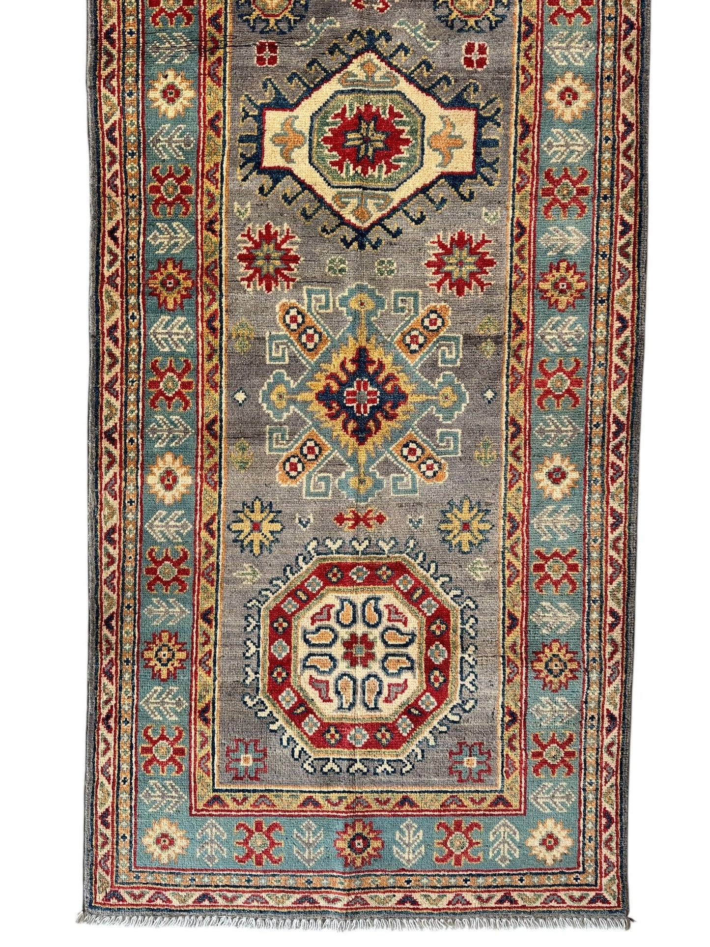Hand-Knotted Afghan Kazak Wool Runner Rug – 2'7" x 12'3" – Traditional Geometric Design